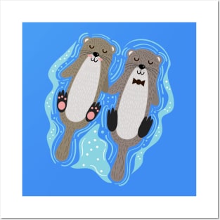 Loving Otters holding hands Posters and Art